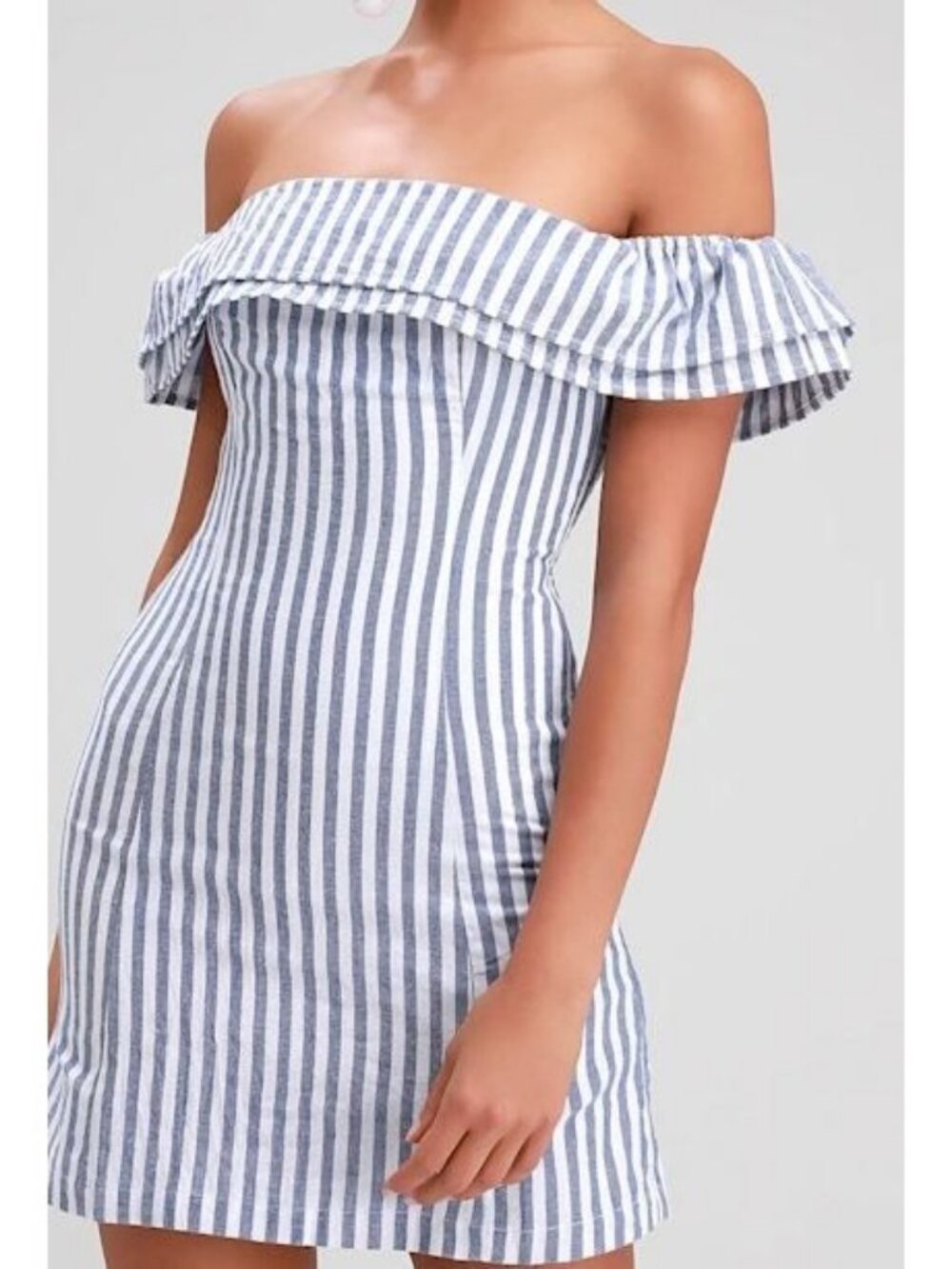 Lulus Seaside Skipper Blue Striped Off-the-Shoulder Mini Dress Size Small NWT